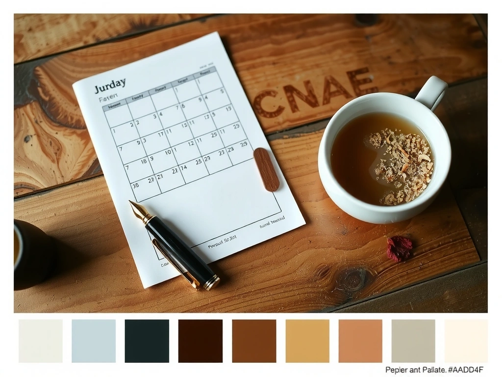 Kalender, Stift und Tee